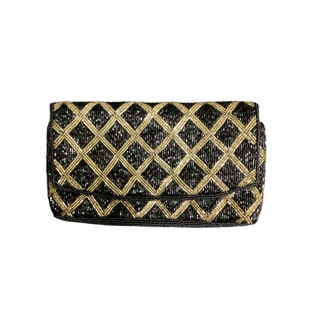 VTG Purse Women’s 1Size Beaded Small Clutch Style No Strap Shiny Black And Gold
